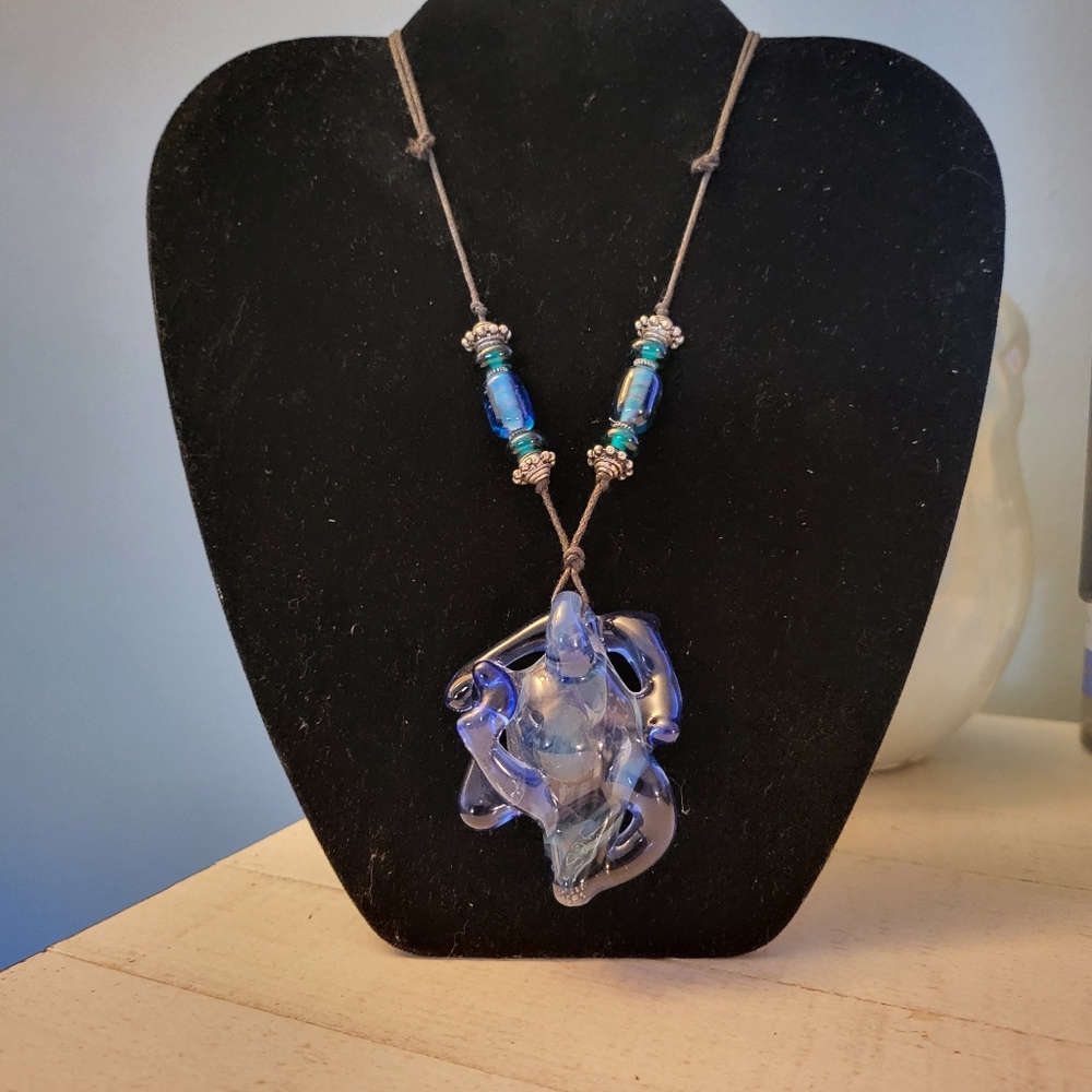Handmade Glass Frog Pendant Necklace& 6 Glass Beads Roped Metal Details Added